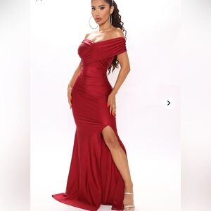 Fashion Nova Red Ruched One Shoulder Maxi Dress